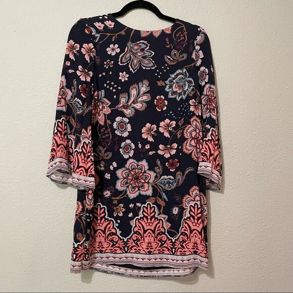 Ecote Navy Blue Floral Bell Sleeve Mini Shift Dress Womens S Dark Moody Fall - Picture 1 of 11
